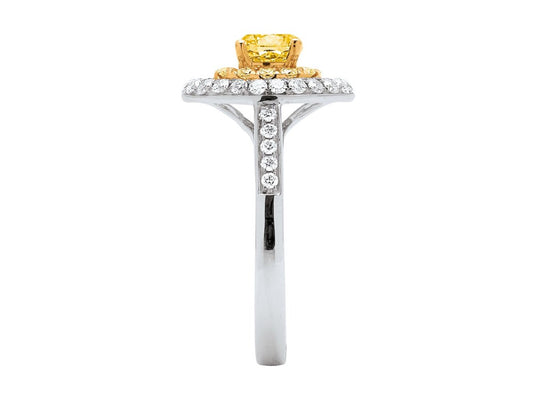 Bague solitaire, diamants jaune 0,63ct et ronds 0,20ct , Or Blanc 18k - PARADOXE