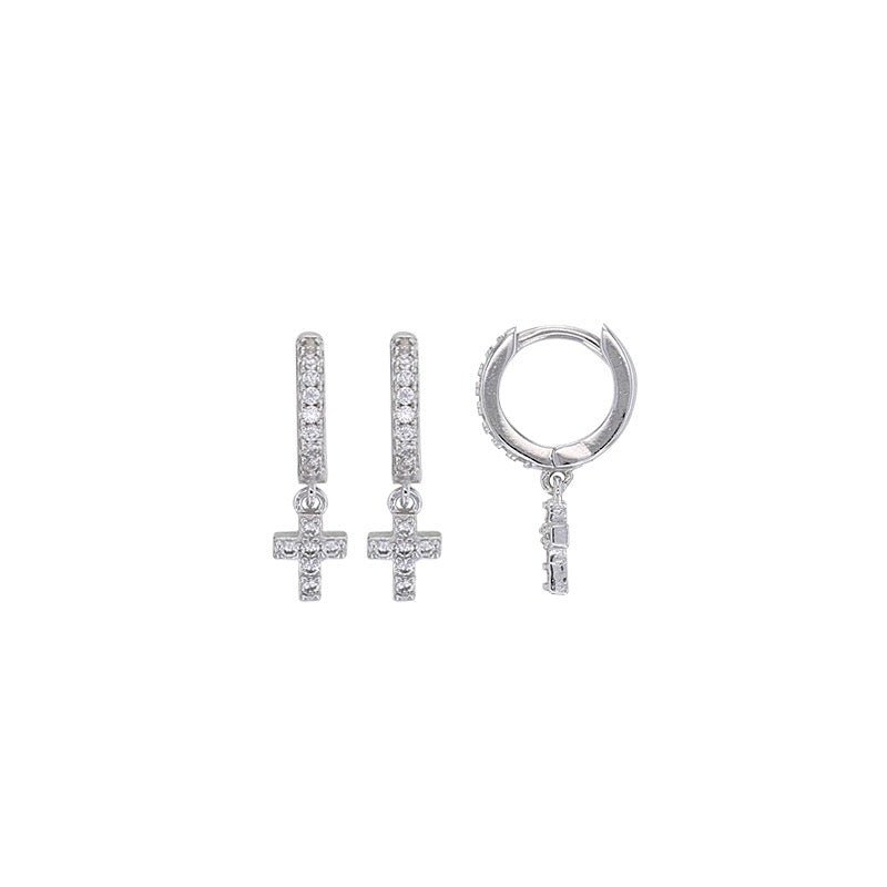 Boucles d'oreilles Créoles croix serties d'oxydes , Argent 925 Rhodié - PARADOXE