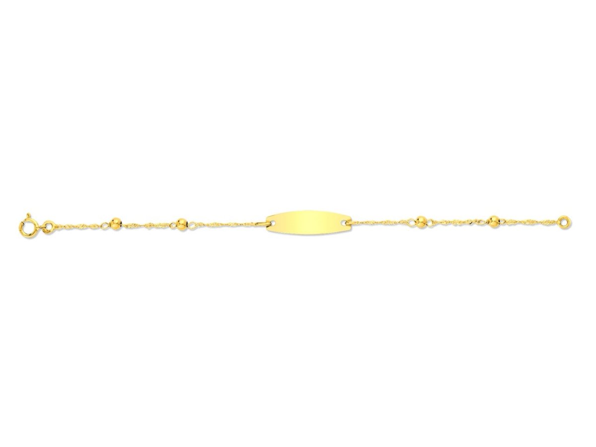 Bracelet Identité bébé maille Singapour et boules, plaque tonneau, Or 18k - PARADOXE