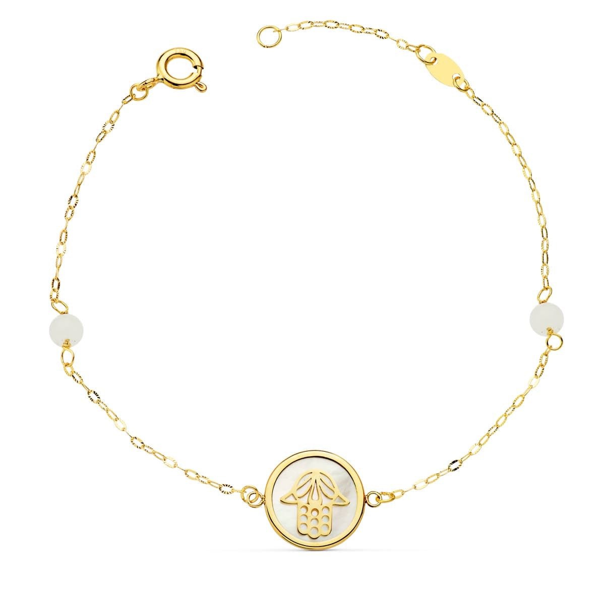 Bracelet main de fatma nacre avec bille en jade , Or 18k - PARADOXE