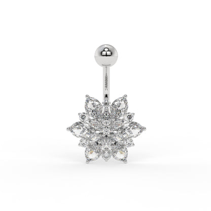 Piercing de nombril fleur et oxyde de zirconium, Or blanc 9K