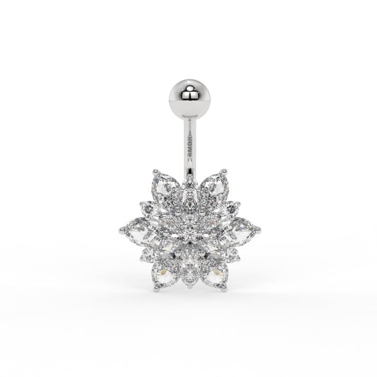 Piercing de nombril fleur et oxyde de zirconium, Or blanc 9K