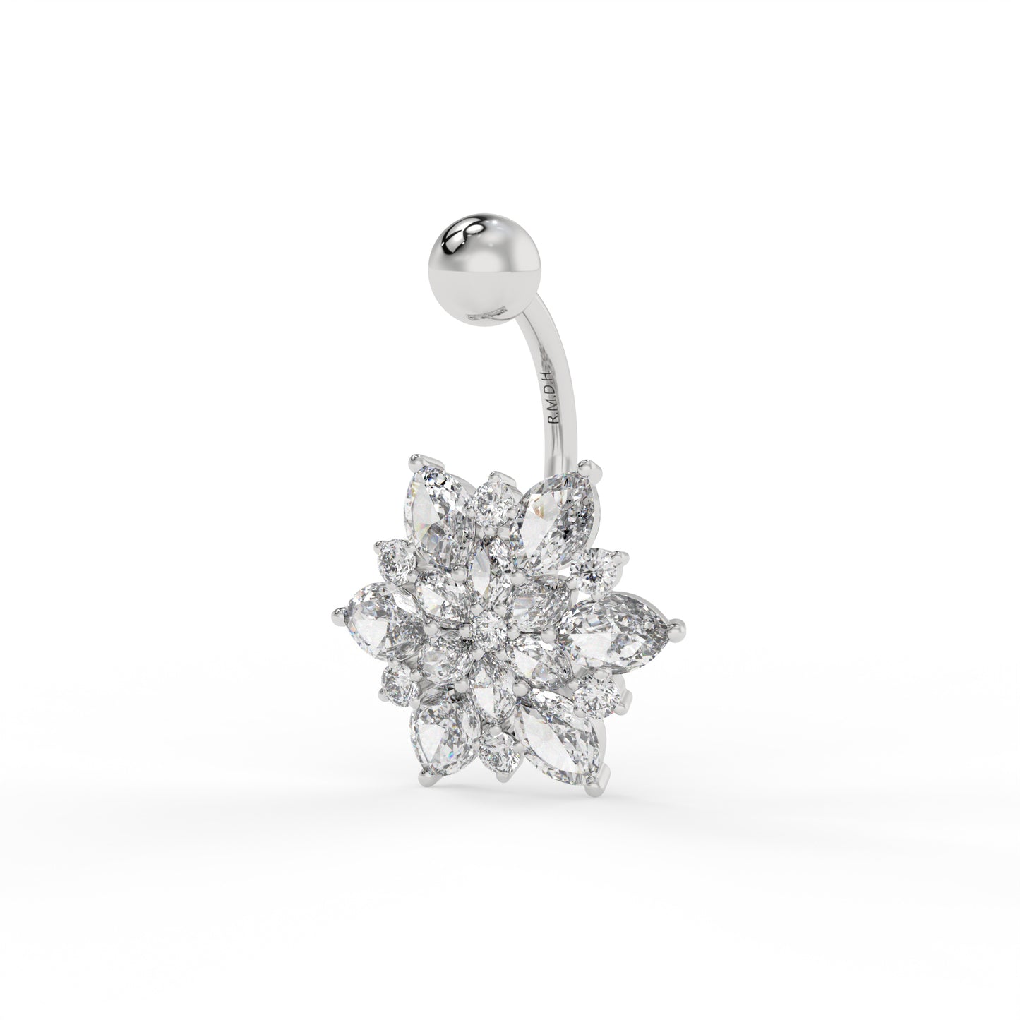 Piercing de nombril fleur et oxyde de zirconium, Or blanc 9K
