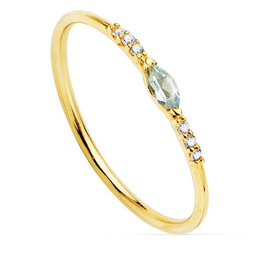 Bague solitaire aigue-marine naturel & 6 diamants ,Or jaune 18k