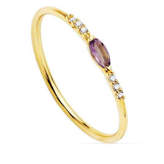 Bague solitaire améthyste naturel & 6 diamants ,Or jaune 18k