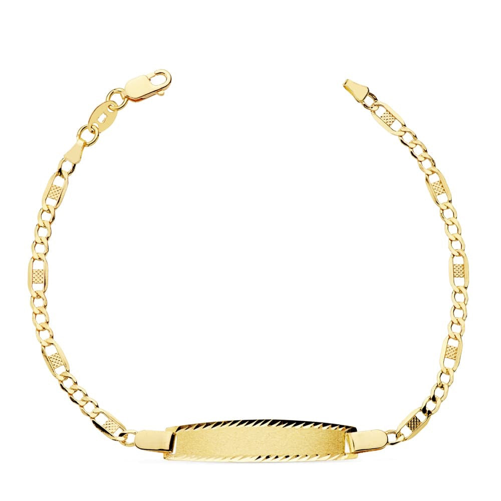 Bracelet Identité bébé maille figaro , plaque rectangle, Or 18k