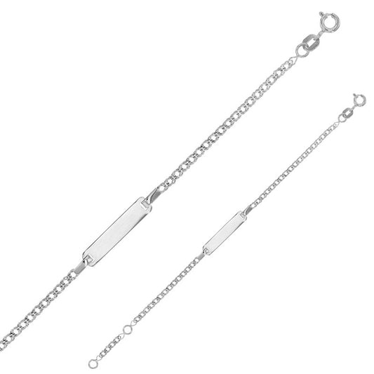 Bracelet Identité bébé maille fantaisie, plaque rectangle, Or blanc 18k