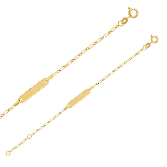 Bracelet Identité bébé maille figaro , plaque rectangle , Or 18K