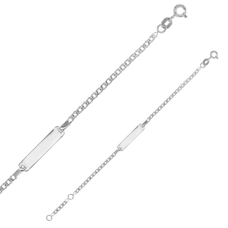 Bracelet Identité bébé maille fantaisie, plaque rectangle , Or blanc 9k