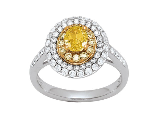 Bague solitaire, diamants jaune 0,63ct et ronds 0,20ct , Or Blanc 18k - PARADOXE