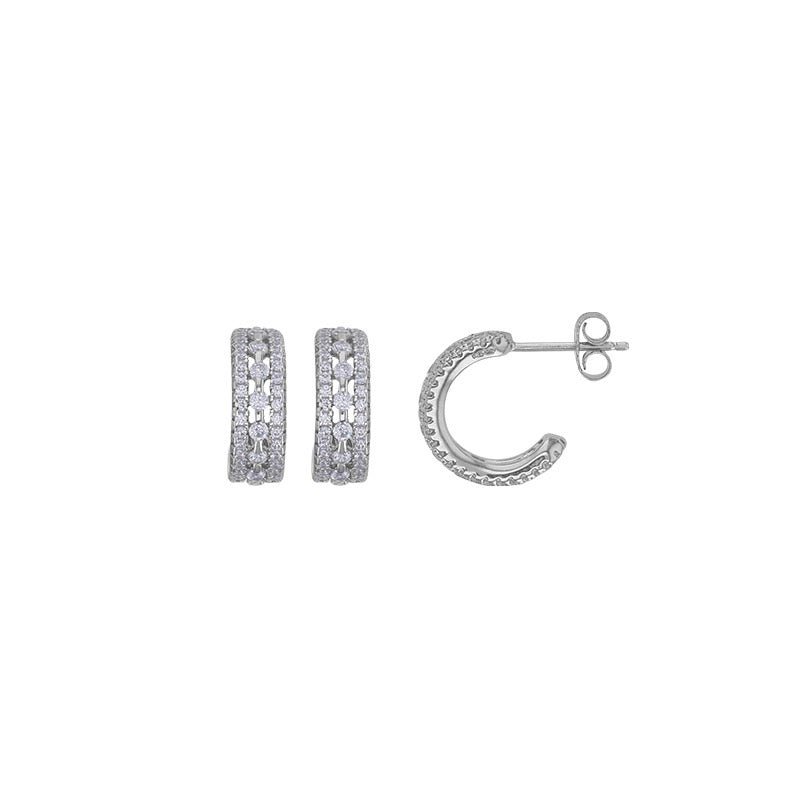 Boucles d'oreille Demi - créoles 3 rangs pavées zirconium, Argent 925 Rhodié - PARADOXE