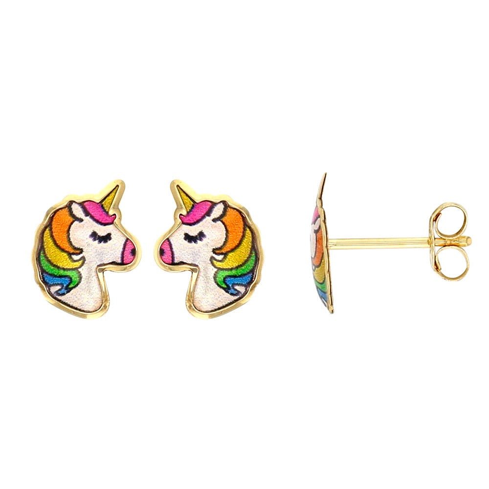 Boucles d'oreilles enfant Licorne arc - en - ciel émaillé , Or 9K - PARADOXE