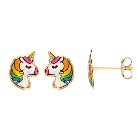 Boucles d'oreilles enfant Licorne arc - en - ciel émaillé , Or 9K - PARADOXE