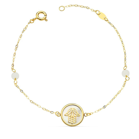 Bracelet main de fatma nacre avec bille en jade , Or 18k - PARADOXE