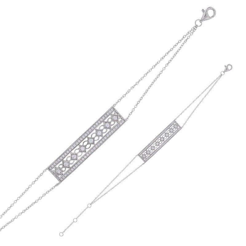 Bracelet rectangle ajouré 3 rangs sertis zirconium , Argent 925 Rhodié - PARADOXE