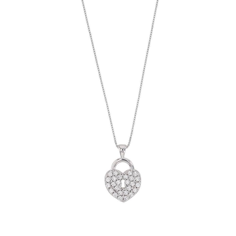 Chaine coeur cadenas pavé de zirconium, Or blanc 9K - PARADOXE