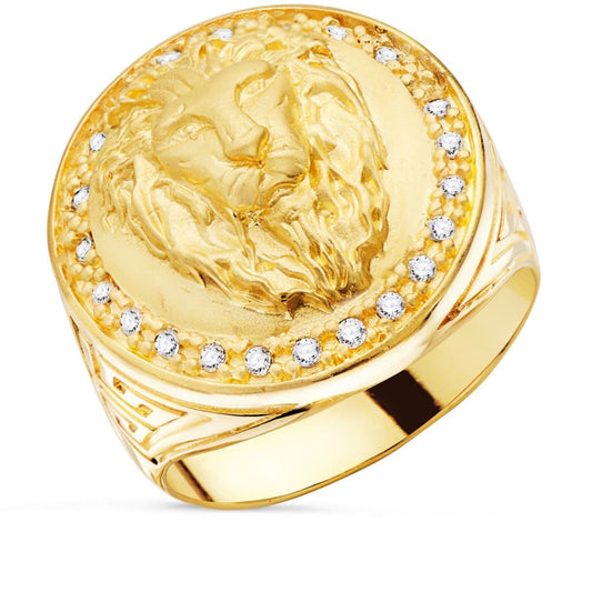 Chevalière ronde lion zirconium blanc , Or 18K - PARADOXE