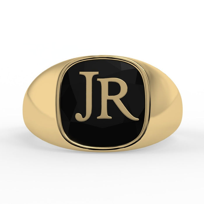 Rendu 3D réaliste de la chevalière JR en or et onyx