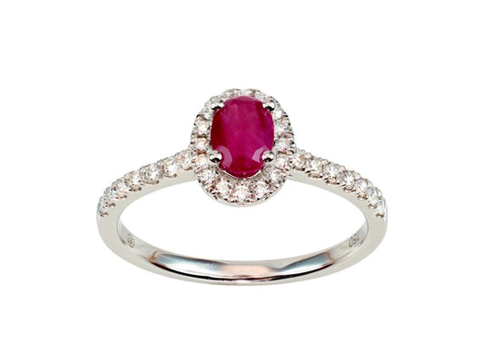 Solitaire rubis ovale 0,52ct entourage diamants 0,28ct , Or gris 18K - PARADOXE