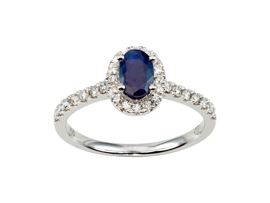 Solitaire saphir bleu ovale 0,57ct entourage diamants 0,28ct , Or gris 18K - PARADOXE